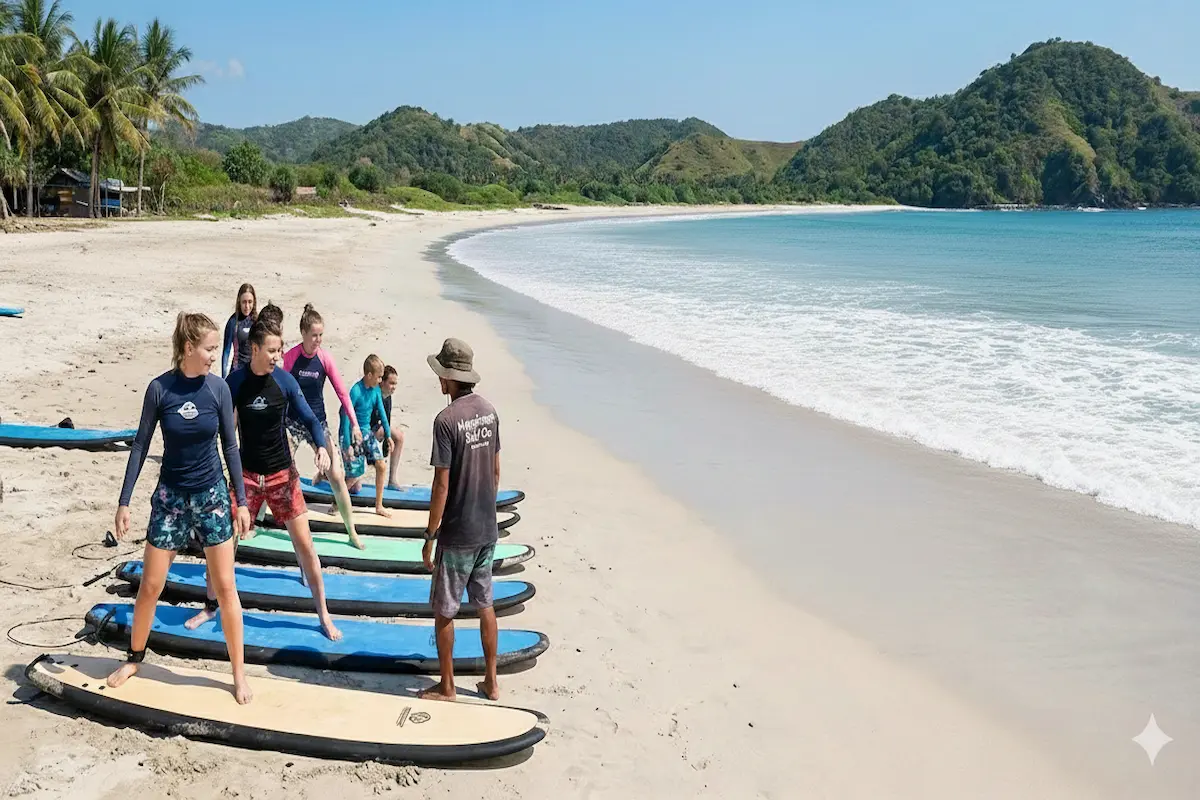 Beginner catching first wave during surf lesson at Selong Belanak Beach Kuta Lombok with instructor
