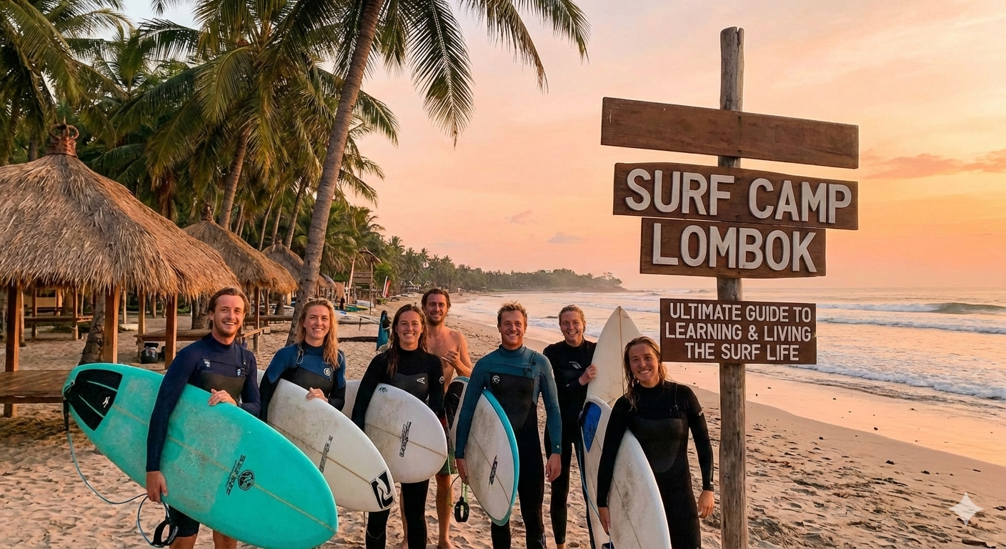 Group of happy surfers at Lombok surf camp enjoying beach lifestyle in Kuta